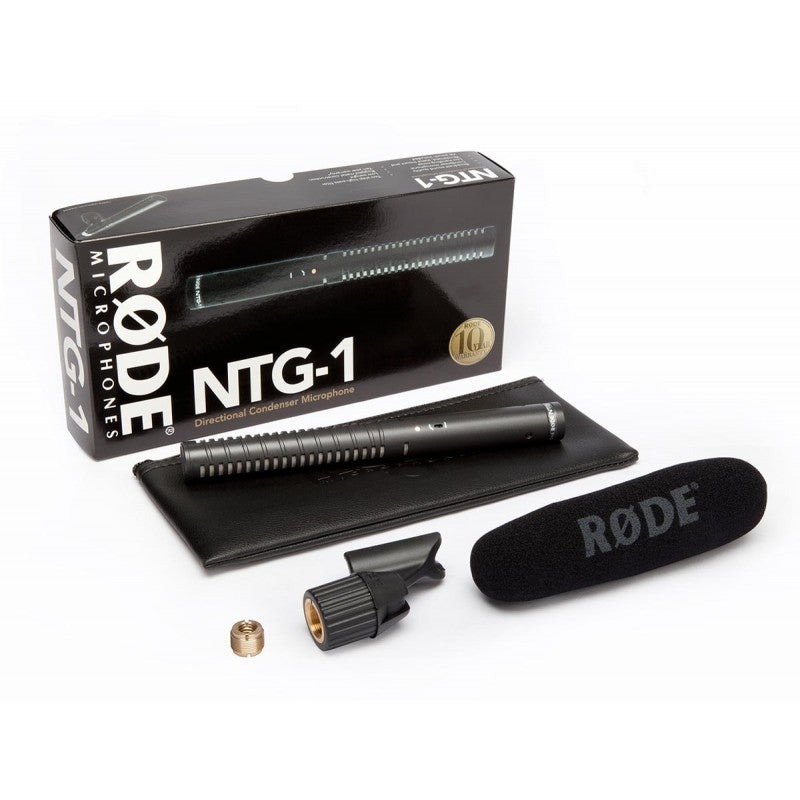 Rode NTG-1 Shotgun Microphone, best used for compact studio audio capture, full view of the product and box.