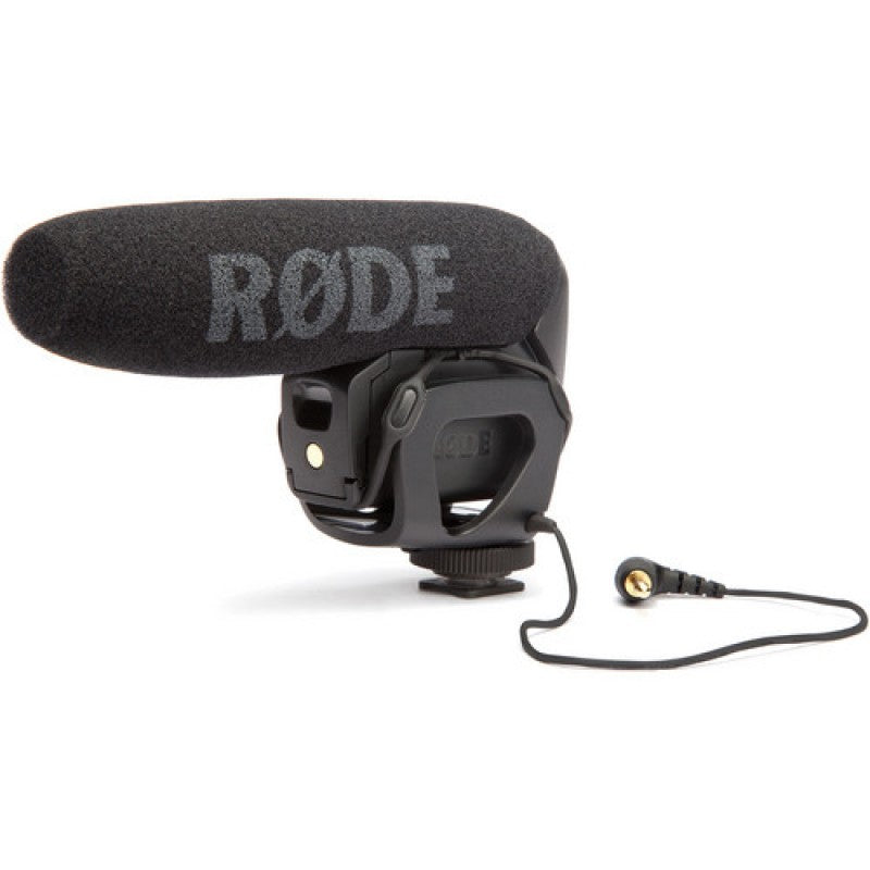 Rode Videomic Pro Compact Shotgun Microphone, best used with capturing audio in a studio, side view of the product.