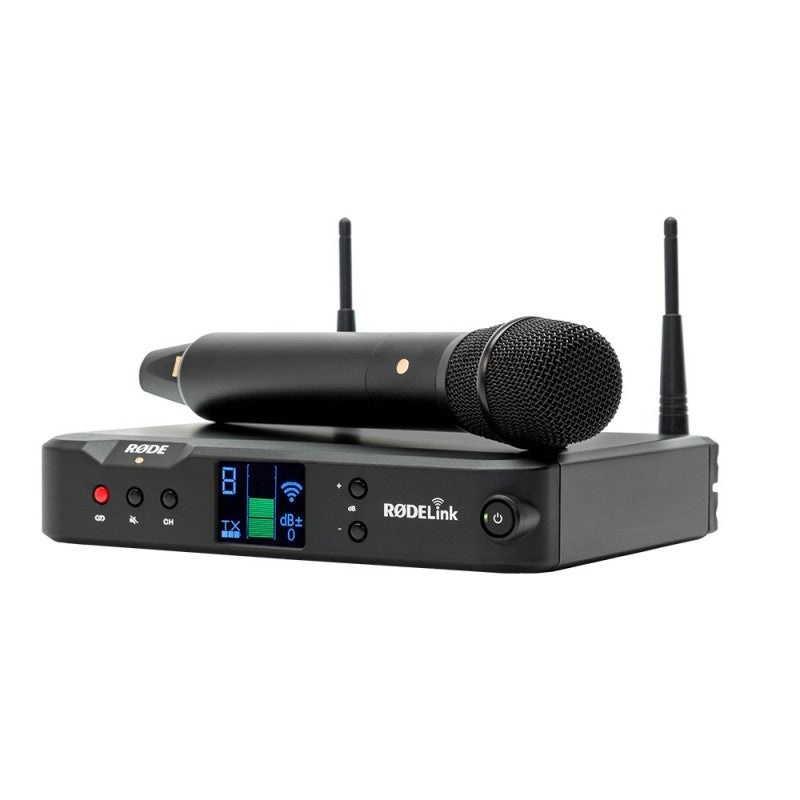 Rode Rodelink Performer Kit, best used for lectures and event audio capture, front view of mic and receiver.