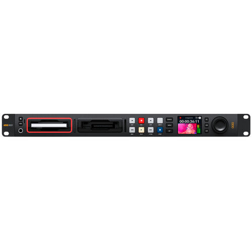 Blackmagic Design HyperDeck Studio HD Pro, best used for live multi-camera production, front view of the product. 