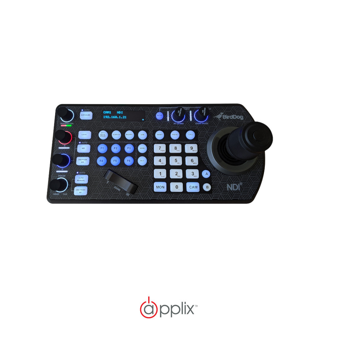 BirdDog PTZ Keyboard, best used for live production video control, top view of the product.