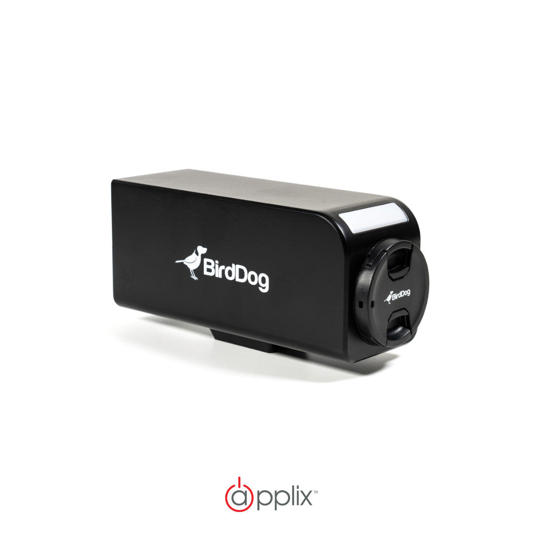 BirdDog PF120 NDI Box Camera, best used for compact 4K video production, front-side view of the product. 