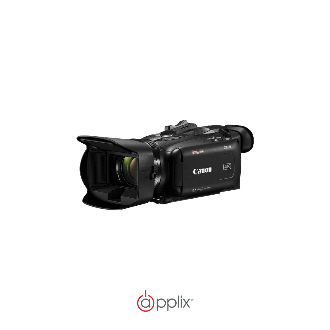 Canon XA60B Professional UHD 4K Camcorder, best used for professional video capture, side-front view of the product.