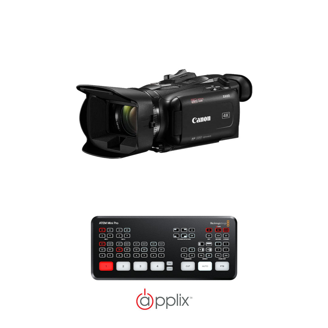 Canon XA60B & Blackmagic Design Atem Mini Pro, best used for streaming and content creation, view of the mixer and camera.