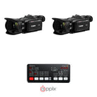 2 Canon XA60B & Blackmagic Design Atem Mini Pro, best used for studio live broadcasting, front-side views of the products.