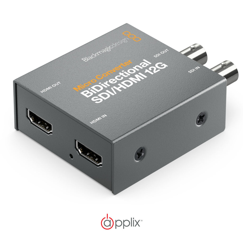 An image of the Blackmagic Design Micro Converter Bi-Directional SDI/HDMI 12G showcases the HDMI out and HDMI in ports.