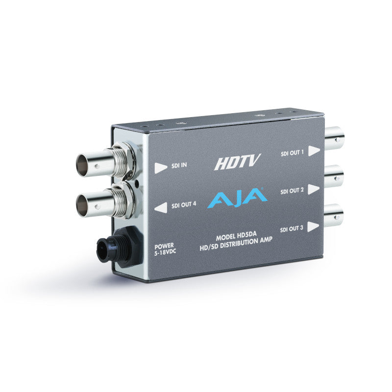 AJA HD5DA Distribution Amplifier, best used for compact video editing and production, side view of the product.
