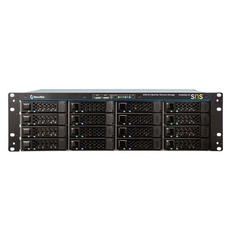 NewTek NRS16-10G Remote Storage - 96TB, best used to store high-definition and 4K video content, front view of the product.