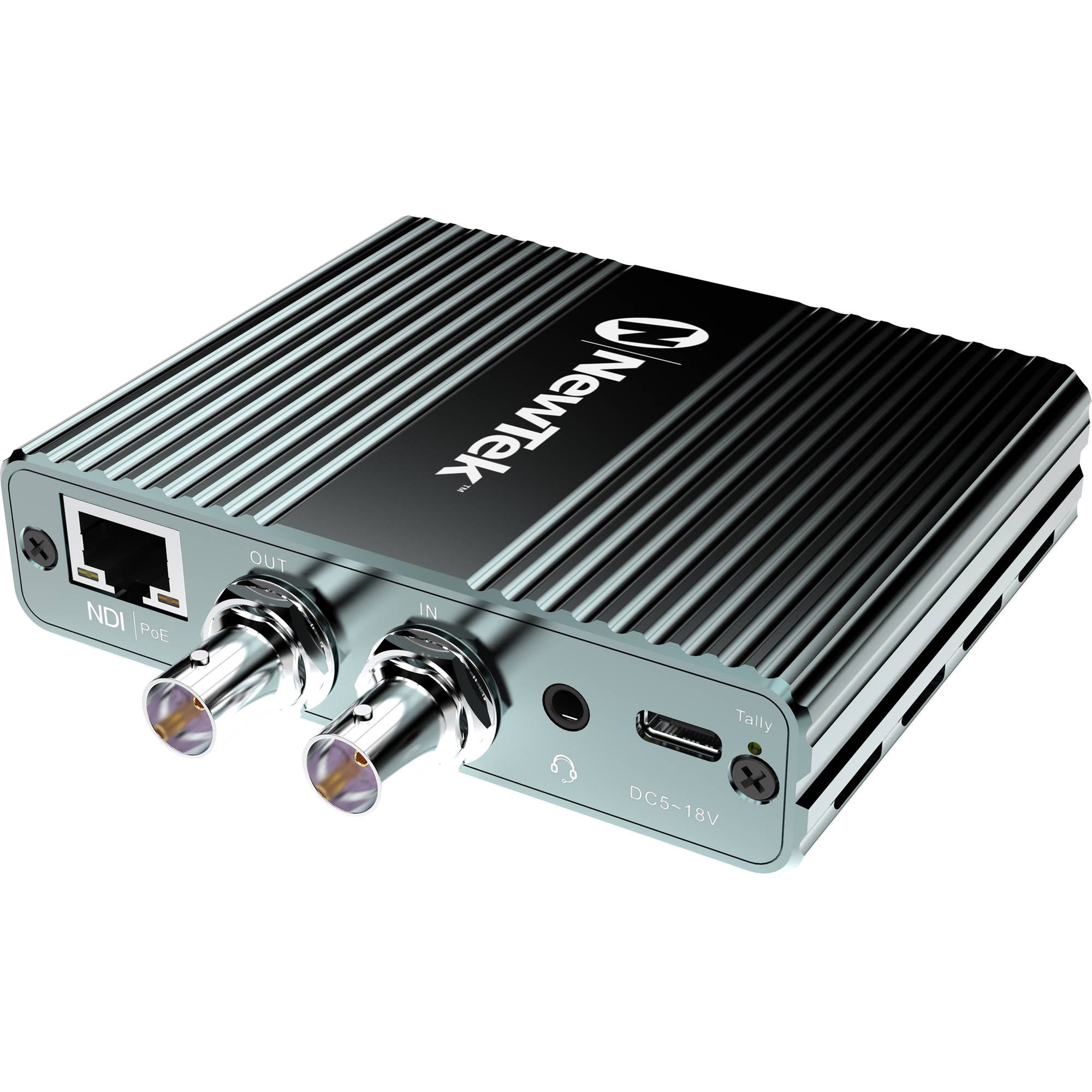 NewTek NDI Spark IO SDI Converter, best used for video over IP,  front view of the product with exposed metal.