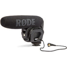 Rode Videomic Pro Compact Shotgun Microphone, best used with capturing audio in a studio, side view of the product.